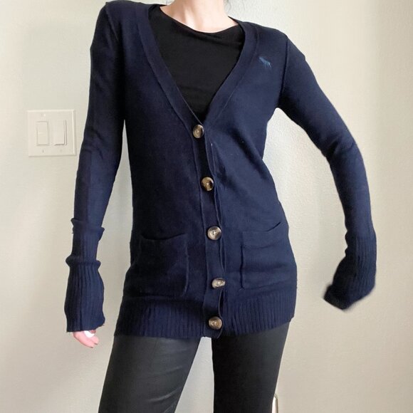 Vintage Abercrombie & Fitch Navy V-Neck Cardigan Y2K Preppy Old Money Aesthetic - Picture 1 of 8